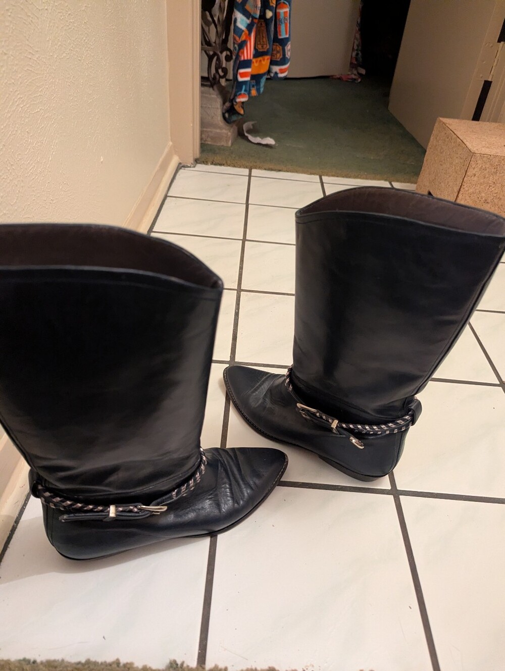 Black Women's Mid-Calf Leather Boots with Decorative Strap